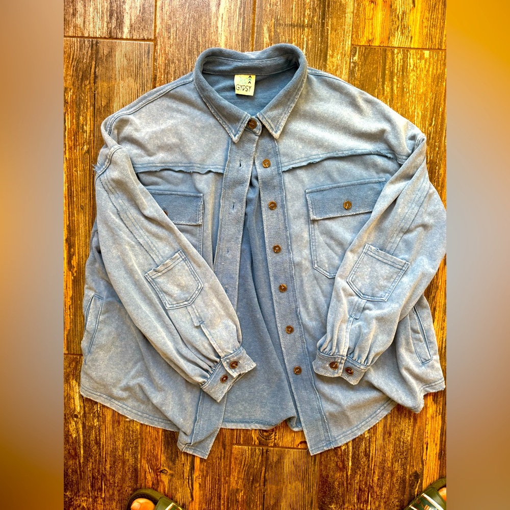 NEW JADED GYPSY boho coastal blue cotton heavy button down